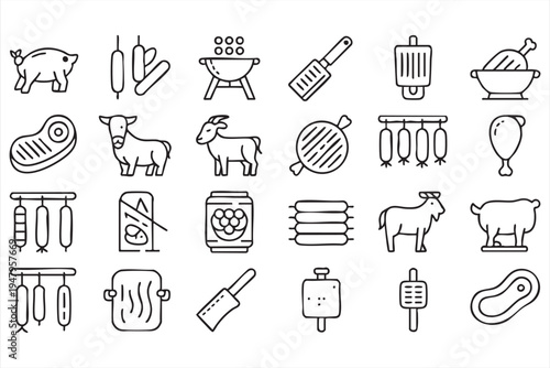 Butcher Shop Deli Products and Meat Preparation Vector Icons