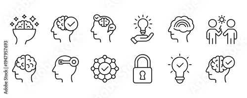 Black line icons of creative thinking and problem solving concepts
