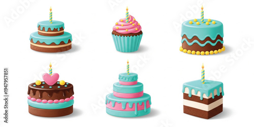 Birthday Cake Icon Set with Cute Frosting Candle Cupcake and Layered Celebration Cakes for Party Decoration Bakery Menu or Greeting Design