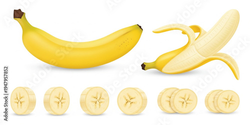 Banana Fruit Vector Set with Whole Banana, Peeled Banana, and Banana Slices Isolated on White Background for Healthy Food Design