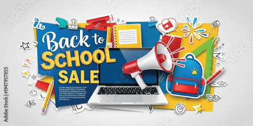 Back to School Sale Banner with Laptop, Megaphone, Backpack, and School Supplies Illustration for Education Promotion and Seasonal Shopping Campaign