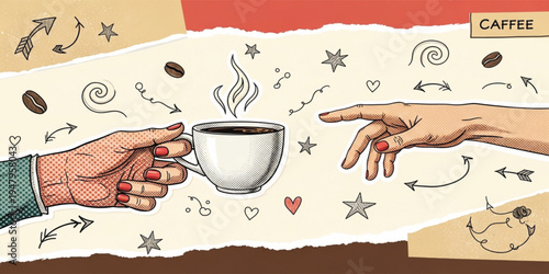 Coffee Cup Illustration with Hands Reaching for Hot Drink Surrounded by Doodles and Coffee Beans Representing Cafe Culture, Relaxation, and Morning Beverage Concept