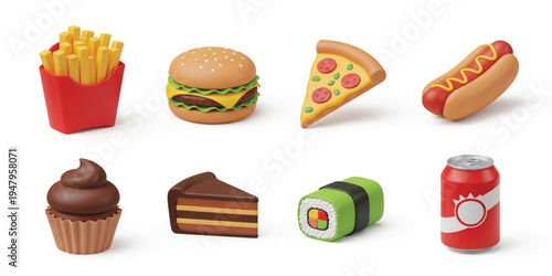 Colorful Fast Food and Snack Icon Set Featuring Burger, Pizza Slice, French Fries, Hot Dog, Sushi Roll, Cupcake, Chocolate Cake and Soda Can