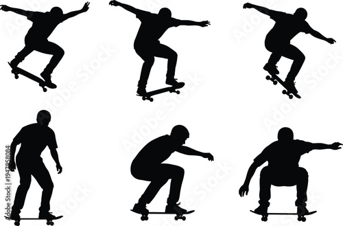 Skateboarder silhouettes performing jumps and tricks in various action poses, cad drawing flat vector illustration, urban extreme sports person for design.