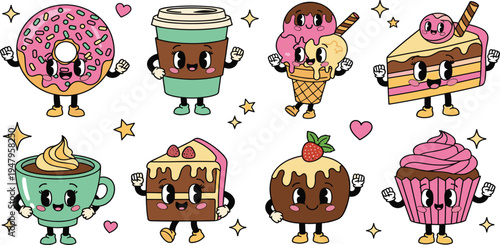 Cute Dessert Mascot Cartoon Character Set with Donut, Coffee Cup, Ice Cream, Cake, Cupcake and Sweet Treats for Bakery Branding and Kids Design