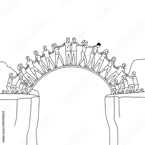 People standing on bridge together helping.