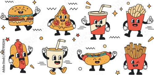 Cute Fast Food Mascot Cartoon Character Set with Burger, Pizza, Hot Dog, Fries and Soda Drink for Kids Menu, Restaurant Branding and Vector Illustration