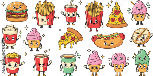 Cute Fast Food and Dessert Mascot Cartoon Character Set with Burger, Fries, Pizza, Hot Dog, Soda, Coffee and Ice Cream for Kids Design