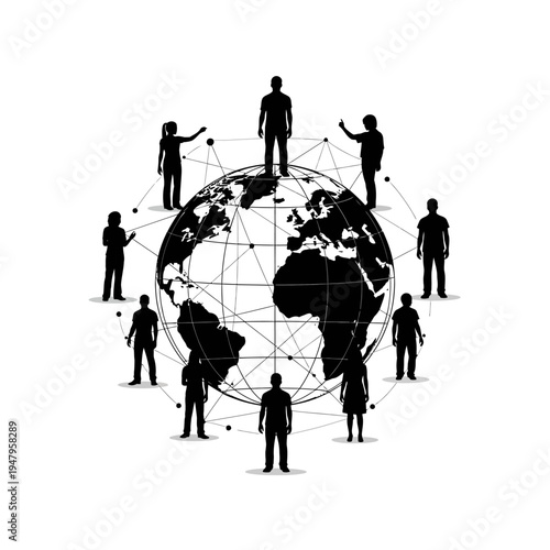 People standing on global network map.