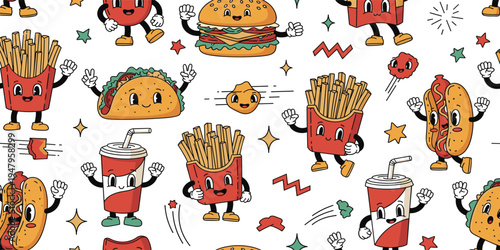 Cute Fast Food Mascot Seamless Pattern with Burger, Fries, Taco, Hot Dog and Soda Cartoon Characters for Kids Menu, Packaging and Vector Background