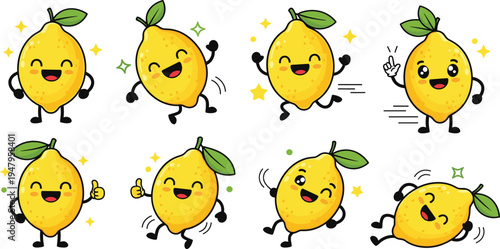 Cute Lemon Cartoon Character Set with Funny Facial Expressions and Gestures for Mascot Design, Kids Illustration, Fruit Stickers, and Fresh Citrus Branding
