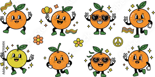 Cute Orange Fruit Mascot Cartoon Character Set with Peace Sign Gestures, Retro Style Elements and Happy Citrus Characters for Stickers and Kids Designs