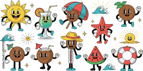 Cute Summer Mascot Cartoon Character Set with Sun, Coconut, Watermelon, Starfish, Cocktail Drink, Beach Umbrella and Ocean Elements for Vacation Designs