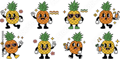 Cute Pineapple Mascot Cartoon Character Set with Funny Tropical Fruit Characters in Different Poses for Summer Stickers, Kids Designs and Food Branding