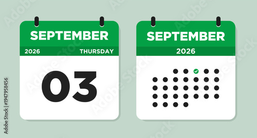 September 3 (Thursday) 2026 Calendar page Vector Illustration. 3 September calendar page. Day calendar with date September 3. Checklist day calendar. Week Starts on Sunday. Modern Calendar template