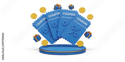 Discount Coupon Tickets with Percent Symbol Coins and Gift Boxes for Online Shopping Sale Promotion Marketing Campaign or Loyalty Reward Program