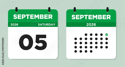 September 5 (Saturday) 2026 Calendar page Vector Illustration. 5 September calendar page. Day calendar with date September 5. Week Starts on Sunday. Modern Calendar template icon. 