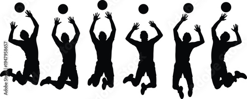 Volleyball player silhouettes jumping to hit ball in mid air action sequence isolated on white background for sports graphic design