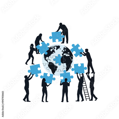 People working together on puzzle pieces.