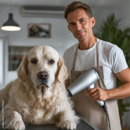Dog grooming session golden retriever man apron blow dryer pet care salon professional happy clean fur