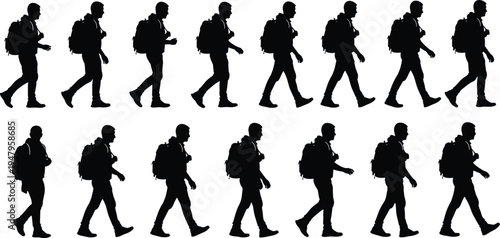 WebWalking man silhouette with backpack in various side view poses, cad drawing flat vector illustration, traveler person for architecture and design.