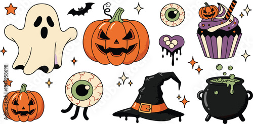 Halloween Cartoon Icon Set with Ghost, Jack O Lantern Pumpkin, Witch Hat, Eyeball, Cauldron and Spooky Cupcake for Holiday Vector Illustrations