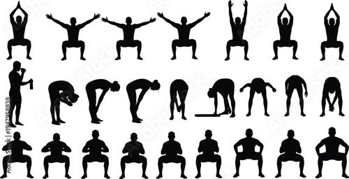 WebYoga and fitness exercise silhouettes set cad drawing flat vector illustration of people practicing squats stretches and yoga poses.