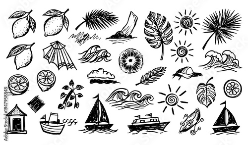 Italian Greek Summer Vacation Chalk Sketch Doodle Vector Illustration Set