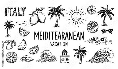 Hand Drawn Mediterranean Vacation Grunge Sketch Elements Lemon Palm Vector
