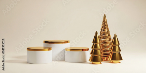 Luxury Product Display Podium with Gold Christmas Trees Minimal White Cylinders and Elegant Holiday Decoration for Premium Branding Showcase