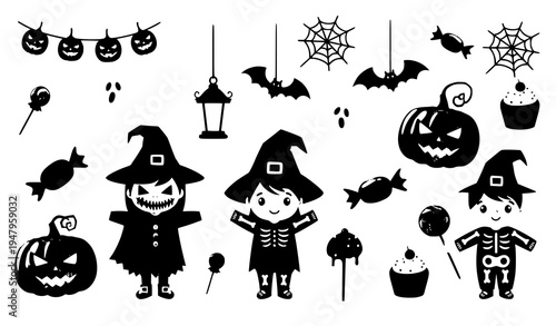 Halloween Party Vector Illustration with Spooky Decorations, Costumes, and Treats