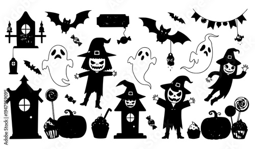 Halloween Celebration Vector Illustration with Costumes, Spooky Decorations, and Treats