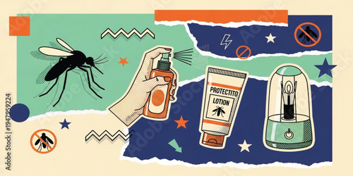 Mosquito Repellent and Protection Concept with Spray Bottle, Anti Mosquito Lotion, Electric Insect Killer Lamp, and Mosquito Symbol Illustration