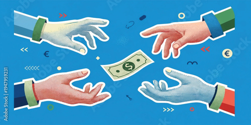 Money Transfer and Financial Exchange Concept with Multiple Hands Reaching for Dollar Bill Symbolizing Payment, Business Transaction, Investment, and Digital Economy