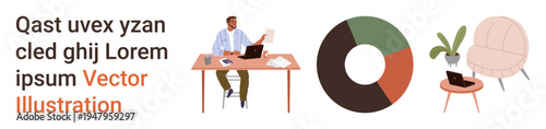 Business, analytics, remote work, workspace organization, data management, office setup. Man working at desk, pie chart and furniture items. Business and analytics concept
