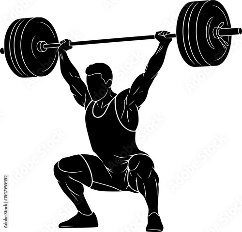Solid black silhouette of a weightlifter lifting a barbell overhead, minimalist strength training and Olympic sport vector illustration isolated on white.