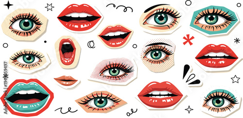 Pop Art Eyes and Lips Sticker Set with Retro Comic Style Female Makeup Elements for Beauty Fashion Design, Social Media Graphics and Vector Illustration