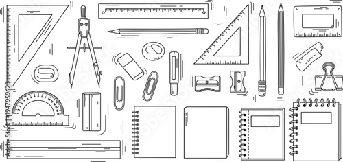 School and Office Stationery Line Icon Set with Rulers, Pencils, Compass, Notebooks, Paper Clips, Eraser, and Geometry Tools for Education and Study Design
