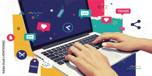 Social Media Marketing Concept with Hands Typing on Laptop Surrounded by Notification Icons, Likes, Messages, Trending Tags, and Digital Communication Symbols