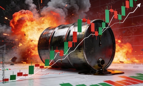 Bold Red 3D Wooden Oil Barrel with Massive Upward Arrow and Candlestick Chart on White Grid.
