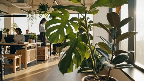 Sunlit Eco-Friendly Coworking Space with Diverse Professionals and Lush Greenery
