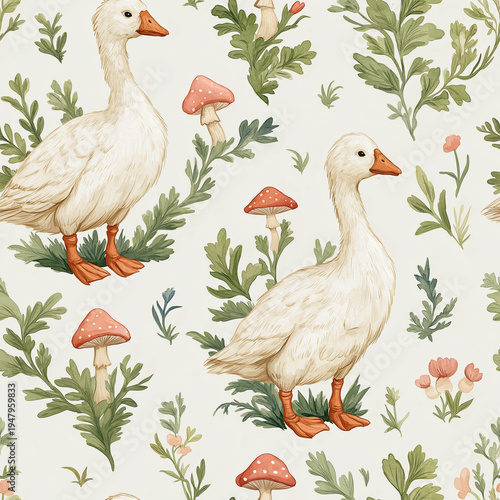Seamless woodland goose pattern with elegant white geese, soft green foliage and spotted toadstool mushrooms on a light background, charming watercolor repeating design in a whimsical cottage style