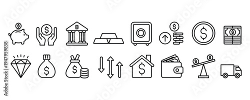 Collection of finance and money icons including banking symbols and financial elements