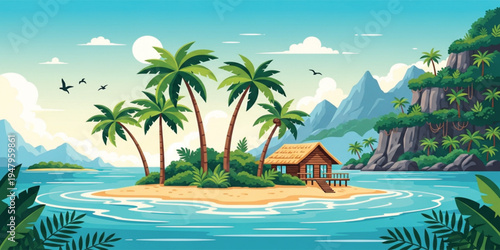 Tropical Island Paradise Landscape with Palm Trees, Wooden Beach Hut, Ocean Water, Mountains and Birds in Sunny Summer Nature Travel Vector Illustration