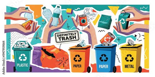 Waste Sorting and Recycling Concept Illustration with Hands Separating Plastic, Paper, and Metal Trash into Recycling Bins for Environmental Sustainability