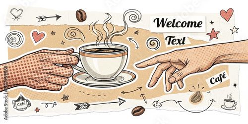 Welcome Coffee Cafe Banner with Hand Holding Hot Coffee Cup Surrounded by Doodles, Hearts, and Coffee Beans for Cozy Cafe Branding Design