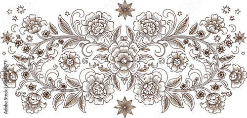 Vintage Floral Ornament Border with Elegant Hand Drawn Flowers, Leaves and Decorative Swirls for Wedding Invitations, Packaging, Textile Prints and Vector Design