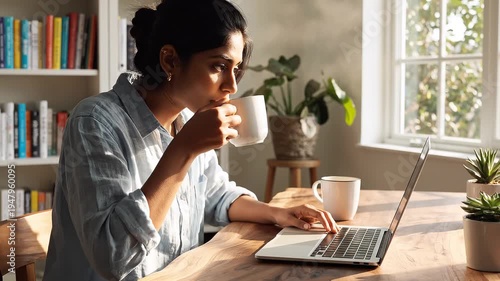 Focused Young Woman Freelancer Working on Laptop and Drinking Coffee at Home Office