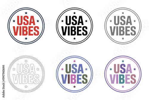 Six circular stamp graphics present the phrase usa vibes using patriotic and multicolor.
