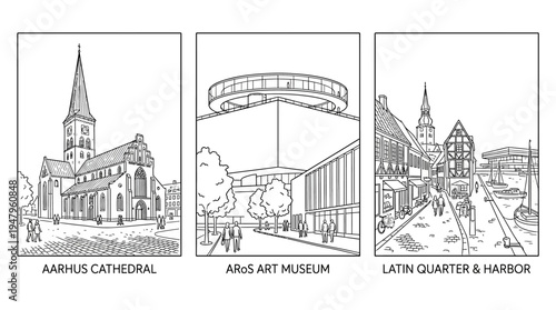 Line Art Depictions of Aarhus Landmarks